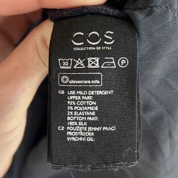 COS Navy Layered Look Tunic Sweatshirt Silk Hem Minimalist Scandi Capsule 90s XS - Picture 11 of 12